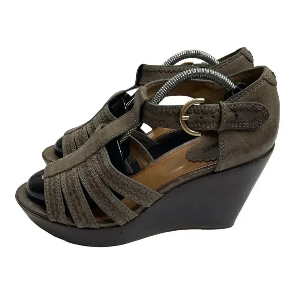 Anthropologie Trask Saydee Leather Wedge Sandals Taupe Brown Ankle Strap 9